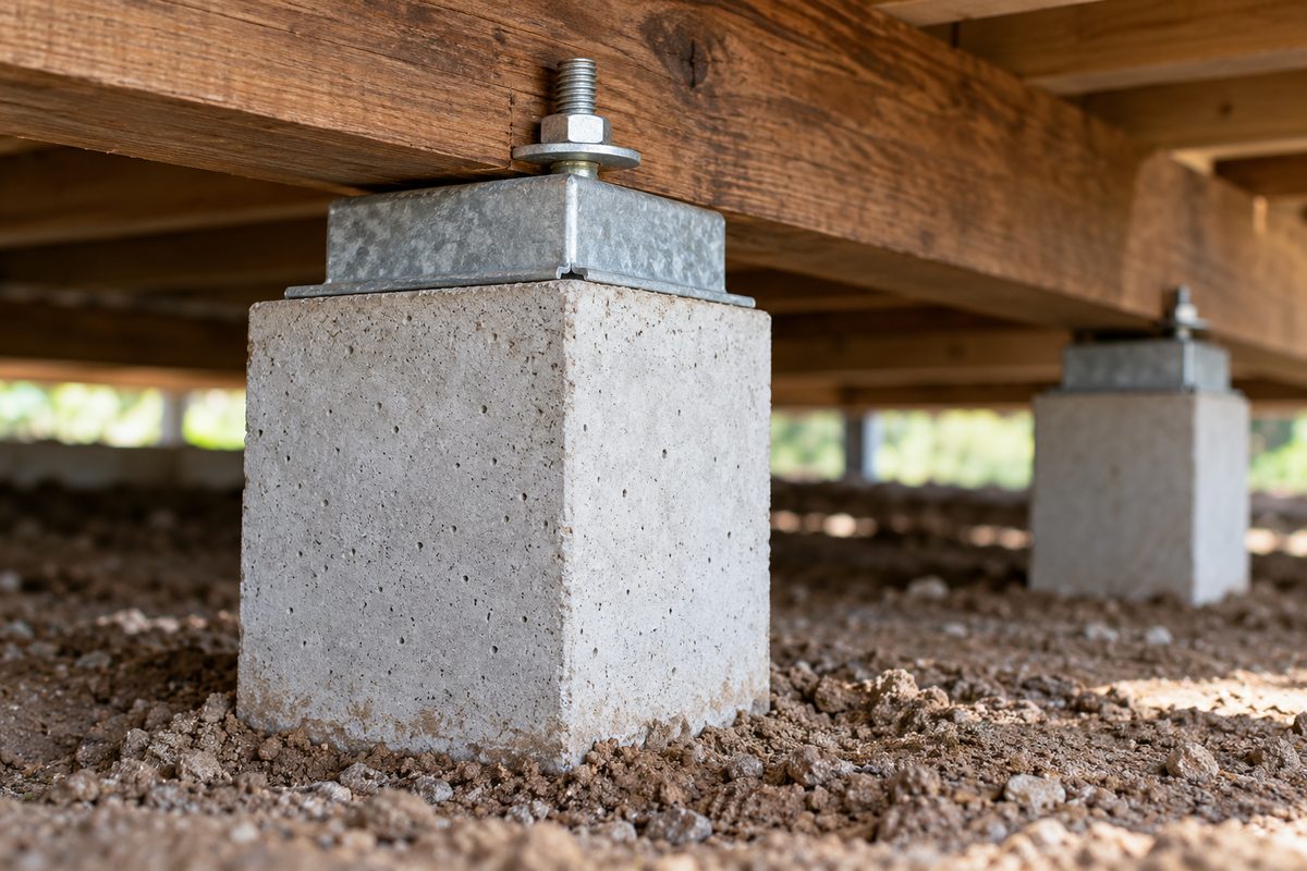 Close detail of a precast concrete stump with a galvanised ant cap under a hardwood bearer, with a threaded rod passing up through the bearer and fixed with a washer and nut.
