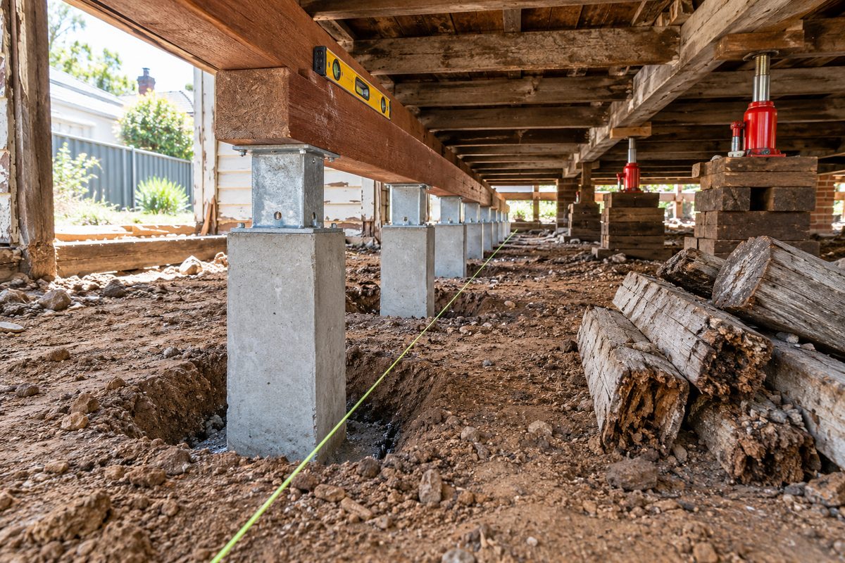Under an Albury house during a restump, a straight row of new square concrete stumps with ant caps under a hardwood bearer, the next bearer on bottle jacks and hardwood packers, old rotted timber stumps piled nearby, string line and spirit level on dry soil