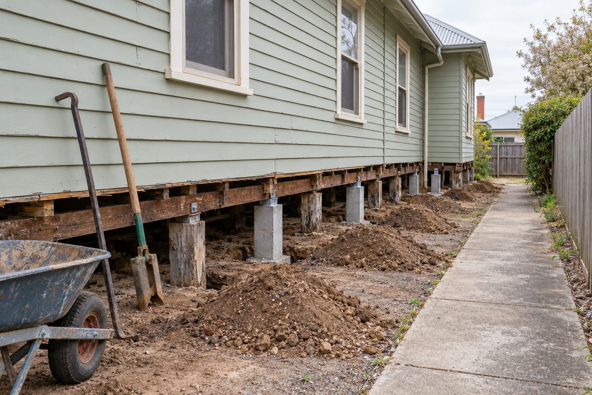 Side view of a pale green weatherboard house in Wodonga mid reblocking, baseboards off, alternating new concrete stumps and a few old timber stumps along the wall, neat spoil piles, a wheelbarrow, crowbar and post hole shovel on the concrete side path in overcast light.