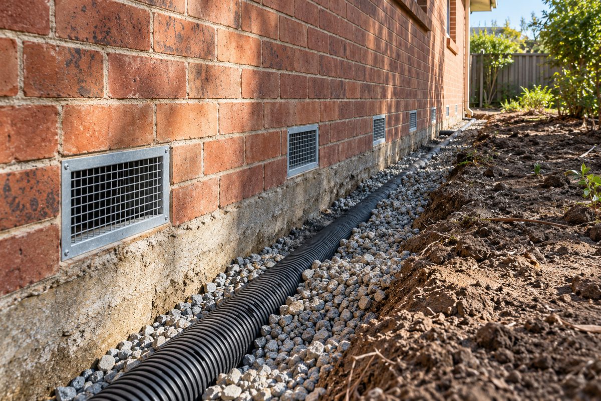 The base of a brick house in Wodonga with new galvanised mesh subfloor vents fitted in the lower brick courses, a slotted agricultural drain laid on crushed rock in a shallow trench beside the wall, and the garden bed pulled back from the brickwork.