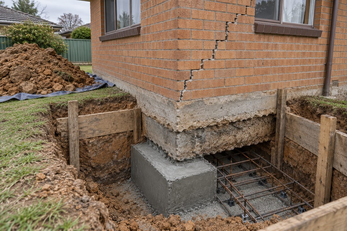 The outside corner of a 1970s brick veneer house in Albury with a one metre pit dug beside it exposing the strip footing, a new mass concrete underpin pad poured in one section and reinforcing visible in the next, timber shoring, a stepped crack in the orange-brown brickwork above and clay on a tarp.