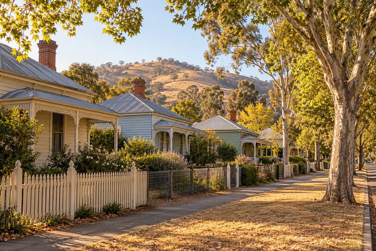 A quiet Albury street of single-storey weatherboard cottages from the early to mid 1900s on low stumps with baseboards, painted cream, pale blue and soft green under iron roofs with verandahs, plane trees and eucalypts along the kerb, dry grass and golden hills beyond